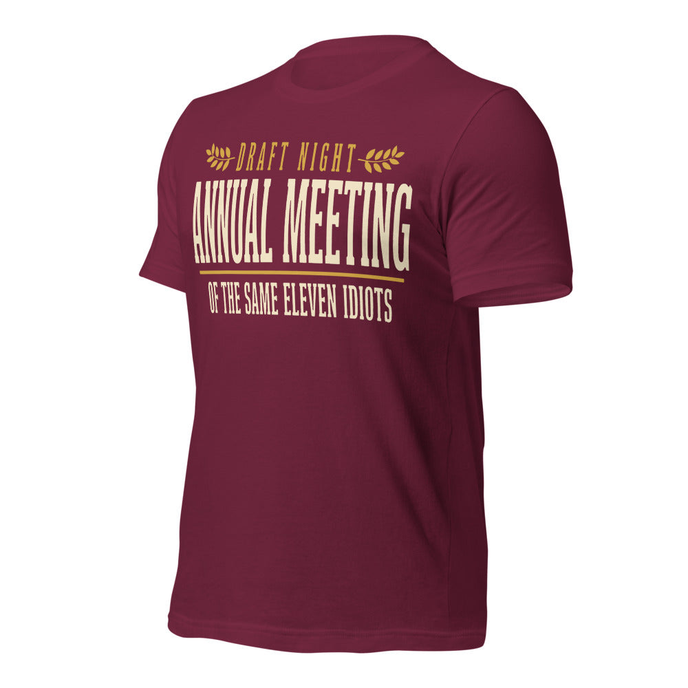 Annual Meeting of the Same Eleven Idiots funny fantasy football draft tee — Maroon, front-right