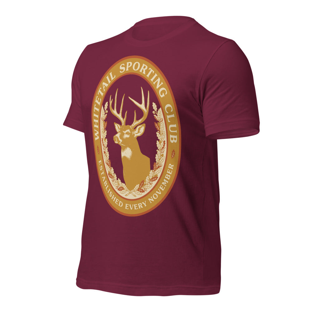 Whitetail Sporting Club vintage deer hunting tee — Maroon, front-right