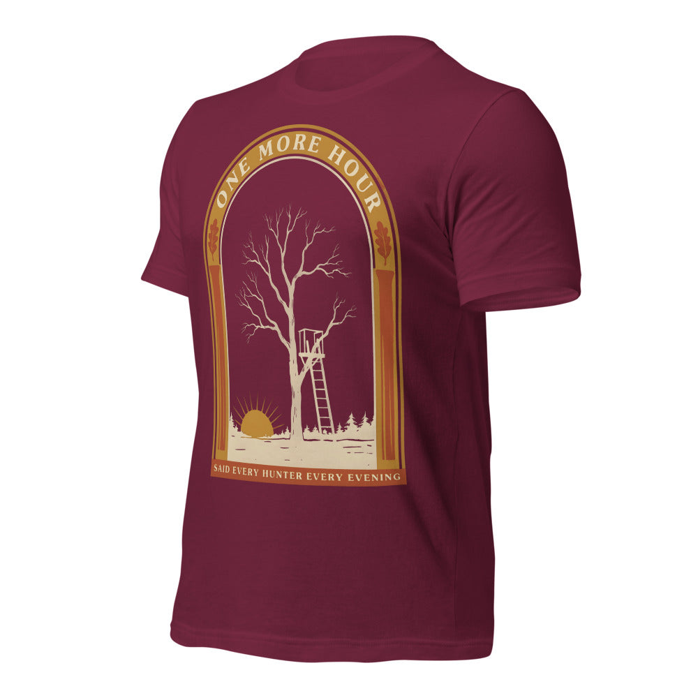 One More Hour funny deer hunting tee — Maroon, front-right