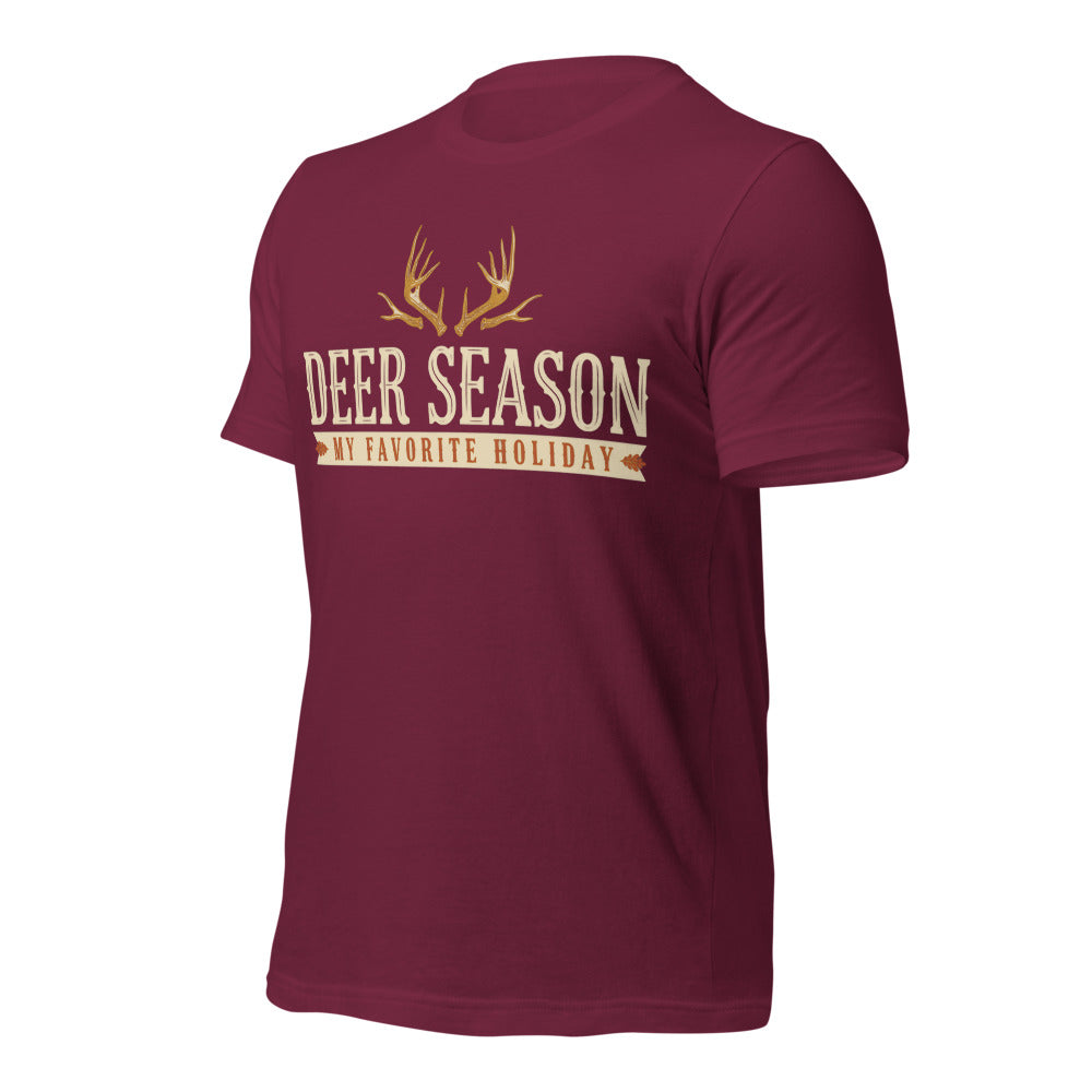 Deer Season My Favorite Holiday deer hunting tee — Maroon, front-right