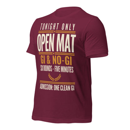 Open Mat Tonight Brazilian jiu jitsu t-shirt — Maroon, front-right