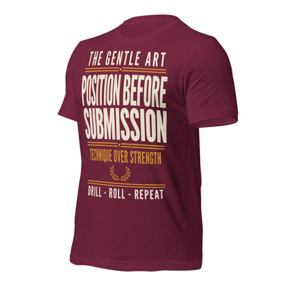 Position Before Submission Brazilian jiu jitsu t-shirt — Maroon, front-right