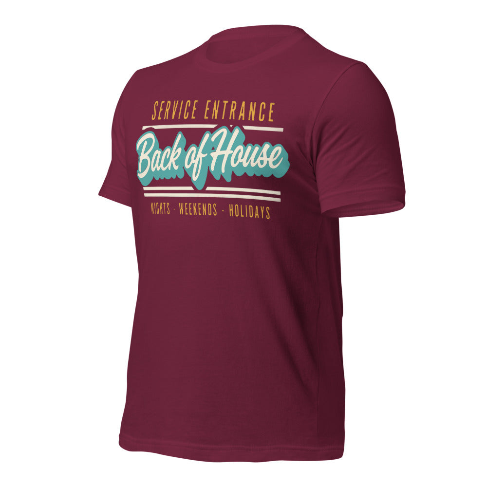 Line Cook Back of House retro diner service sign t-shirt — Maroon, front-right