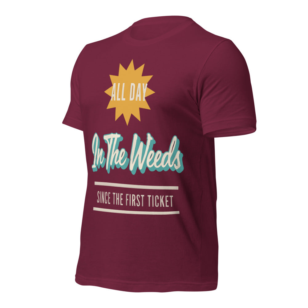In The Weeds line cook retro diner service sign t-shirt — Maroon, front-right