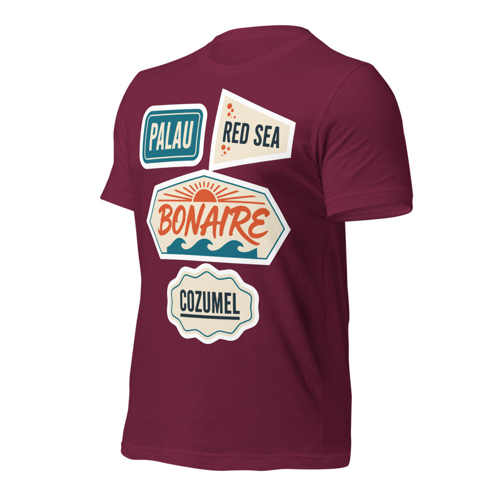 Vintage scuba diving dive sites travel decal t-shirt — Maroon, front-right