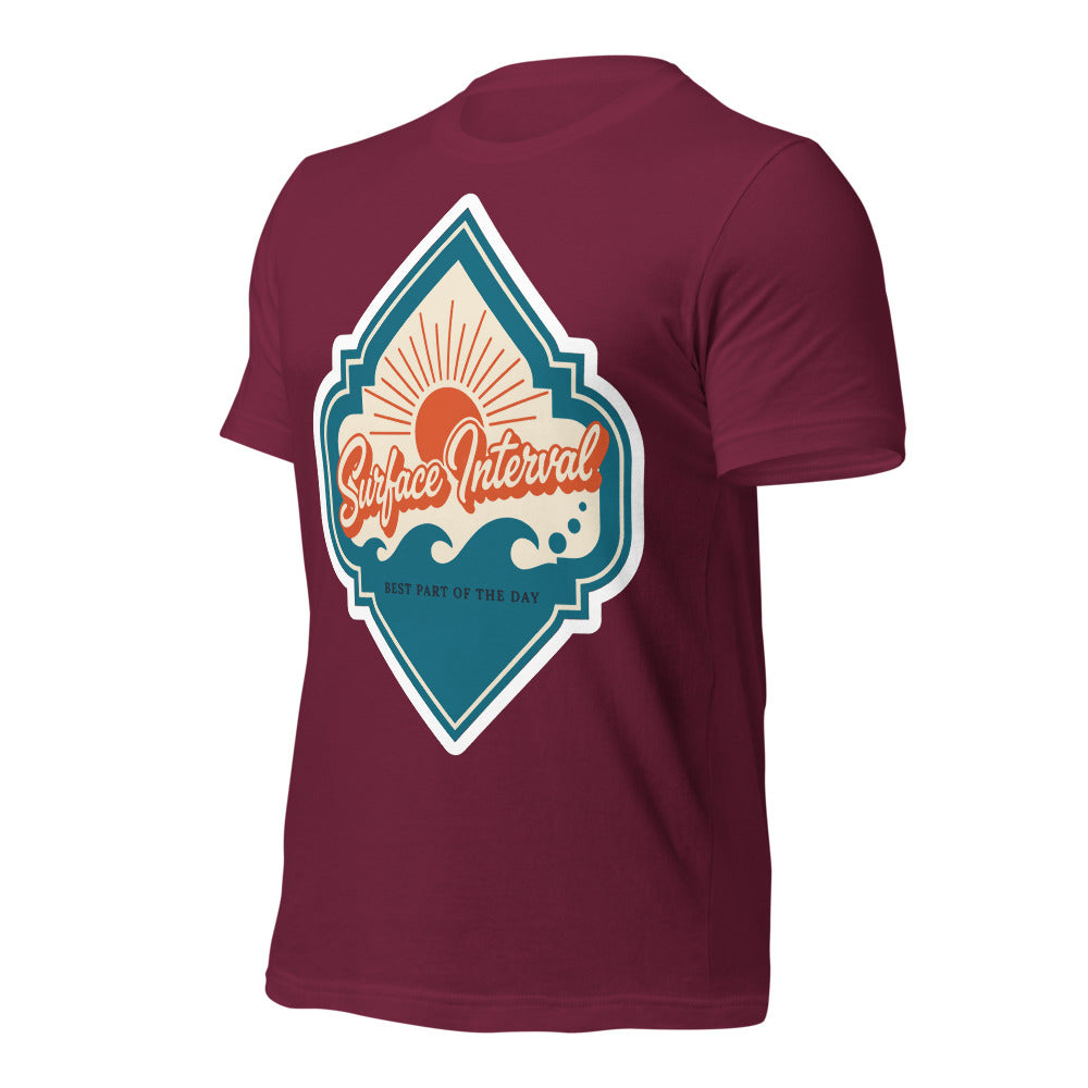 Surface Interval vintage scuba diving travel decal t-shirt — Maroon, front-right