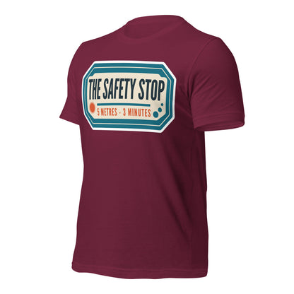 The Safety Stop vintage scuba diving travel decal t-shirt — Maroon, front-right