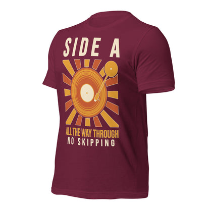 Side A No Skipping vinyl record tee — Maroon, front-right
