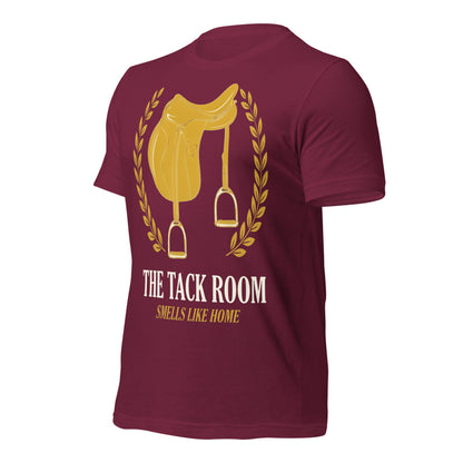 The Tack Room engraved equestrian saddle crest t-shirt — Maroon, front-right