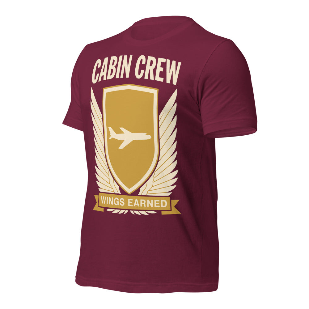 Wings Earned flight attendant tee — Maroon, front-right