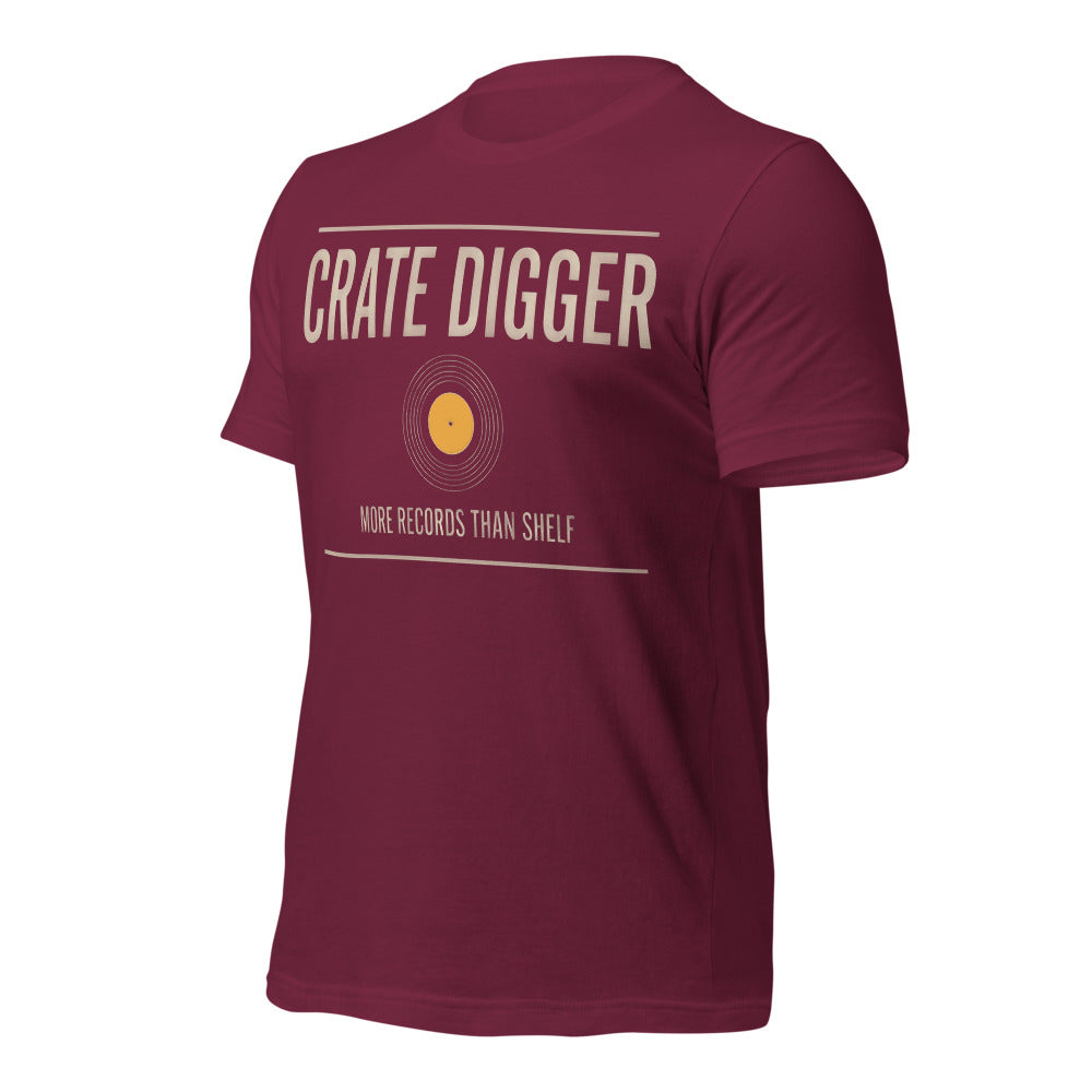Crate Digger vinyl record tee — Maroon, front-right