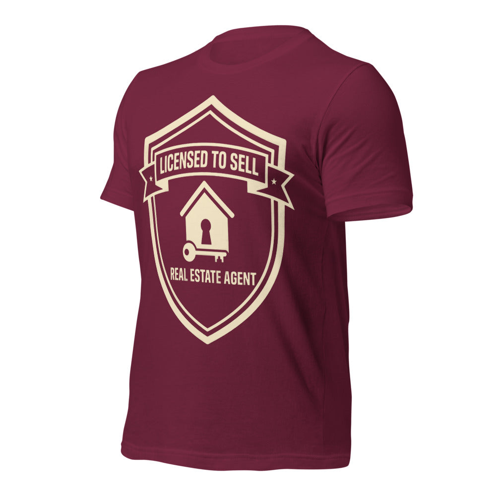 Licensed to Sell real estate agent tee — Maroon, front-right