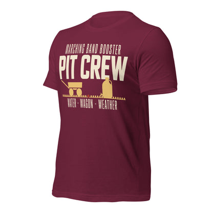 Pit Crew marching band booster t-shirt — Maroon, front-right