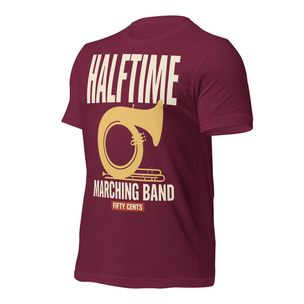Official Halftime vintage marching band t-shirt — Maroon, front-right