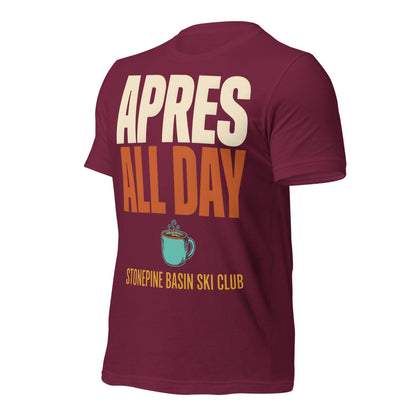Après All Day Stonepine Basin Ski Club retro apres-ski t-shirt — Maroon, front-right