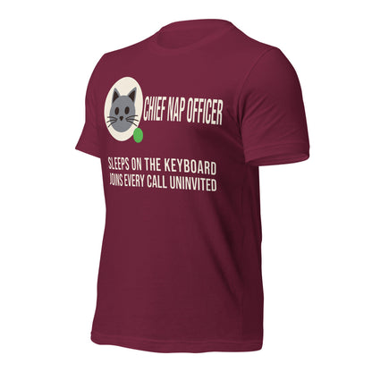 Chief Nap Officer cat profile card unisex t-shirt — Maroon, front-right