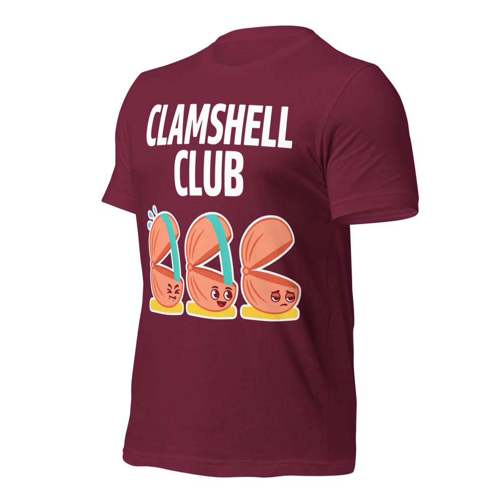 Clamshell Club funny physical therapy tee — Maroon, front-right