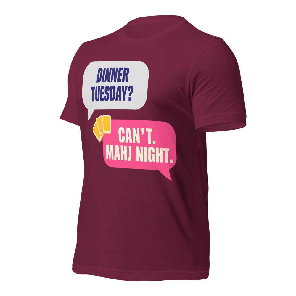 Mahj Night funny mahjong tee — Maroon, front-right