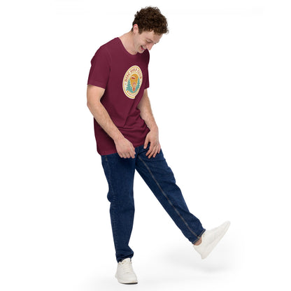 Disc Golf Club retro badge tee — Maroon, on model