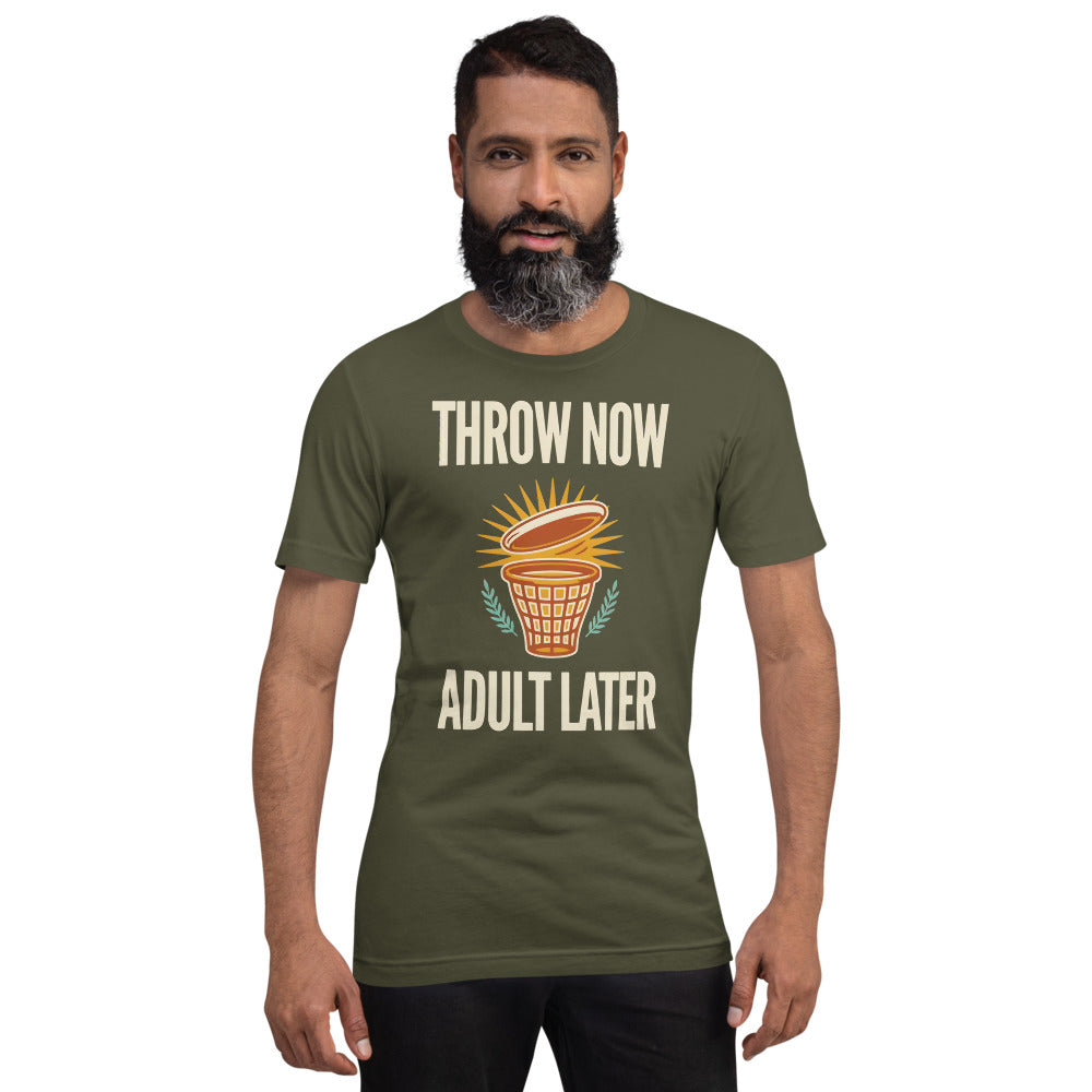 Throw Now Adult Later disc golf retro tee on model — Military Green