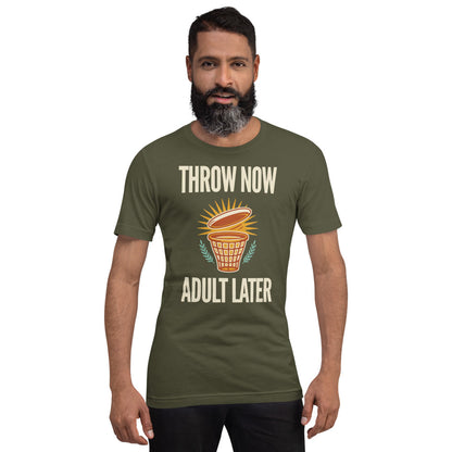 Throw Now Adult Later disc golf retro tee on model — Military Green