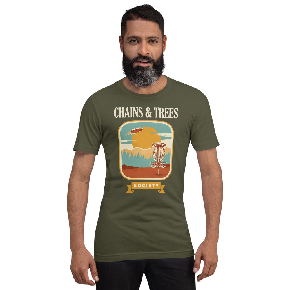 Chains & Trees Society disc golf retro landscape tee — Military Green, model