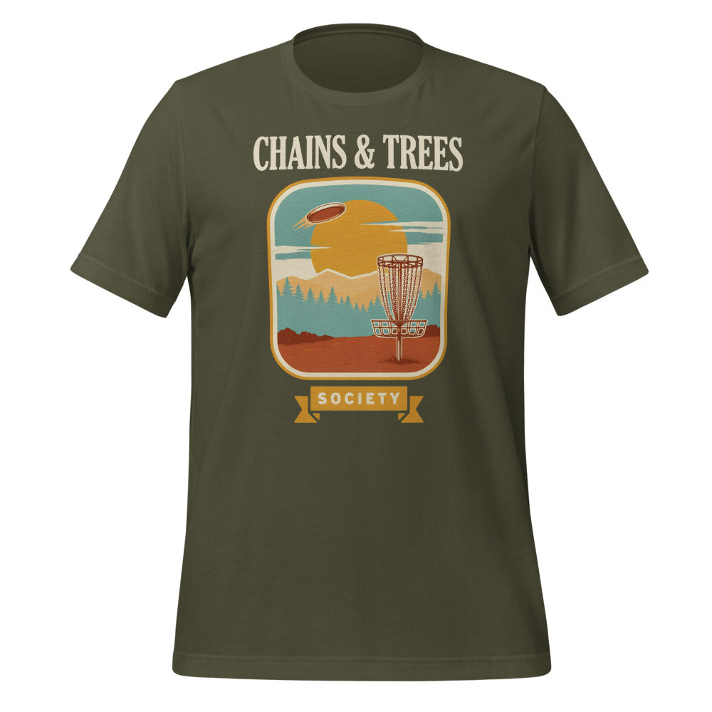 Chains & Trees Society disc golf retro landscape tee — Military Green, front