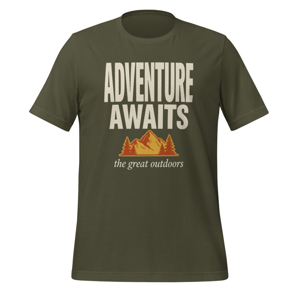 Adventure Awaits retro outdoors typography tee — Military Green, front