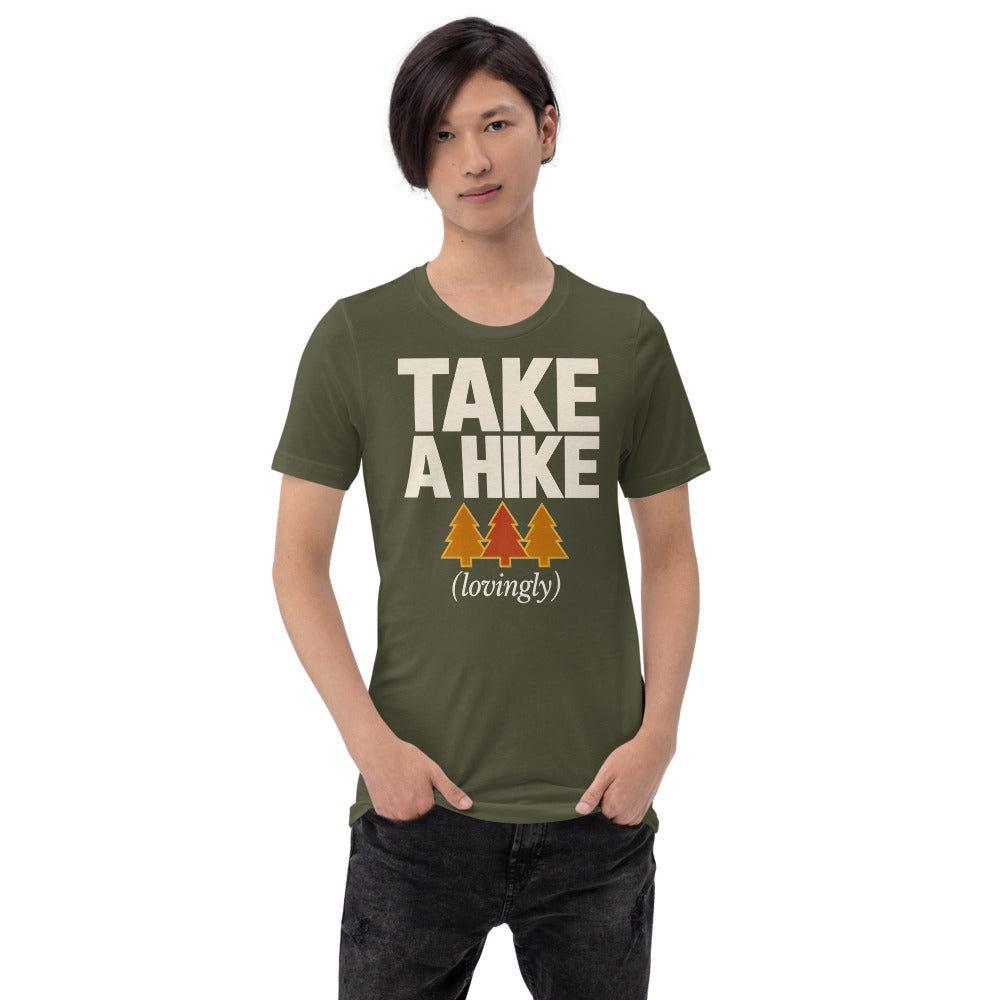 Take a Hike retro outdoors humor typography tee — Military Green, on model