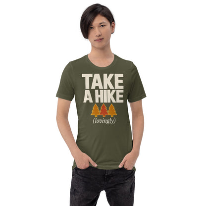 Take a Hike retro outdoors humor typography tee — Military Green, on model
