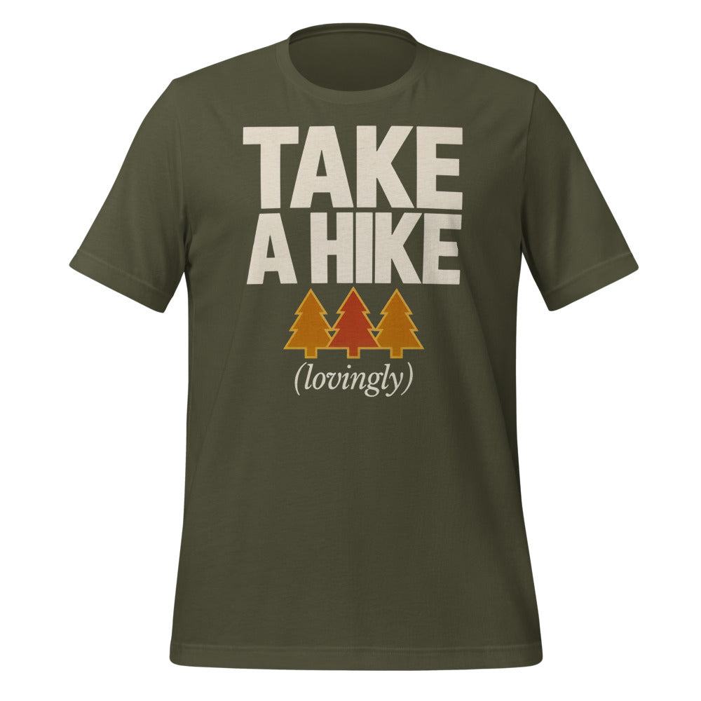 Take a Hike retro outdoors humor typography tee — Military Green, front