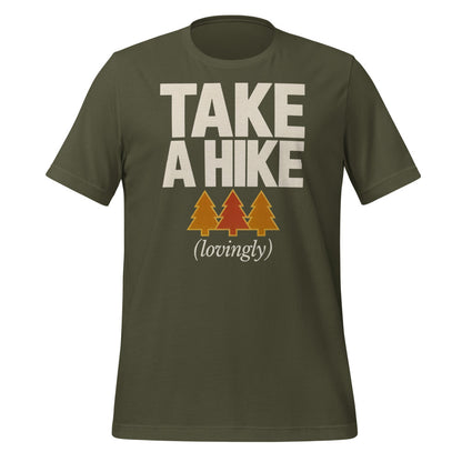 Take a Hike retro outdoors humor typography tee — Military Green, front