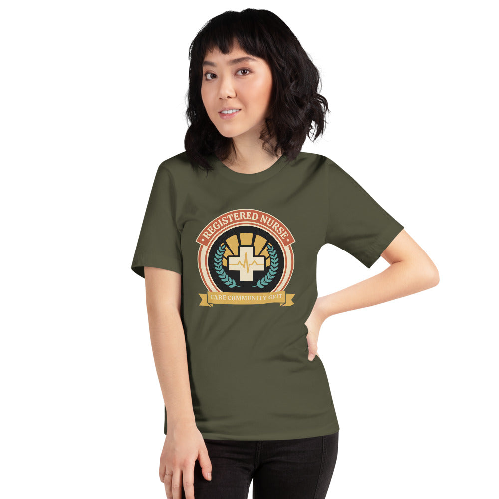 Registered Nurse vintage healthcare emblem badge tee — Military Green, on model