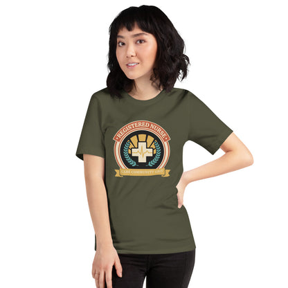 Registered Nurse vintage healthcare emblem badge tee — Military Green, on model