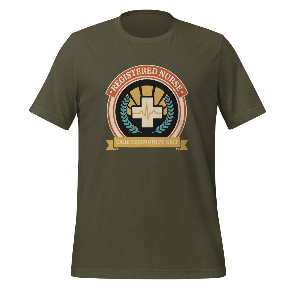 Registered Nurse vintage healthcare emblem badge tee — Military Green, front