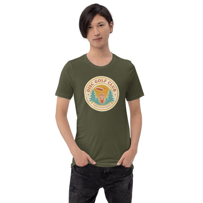 Disc Golf Club retro badge tee — Military Green, on model