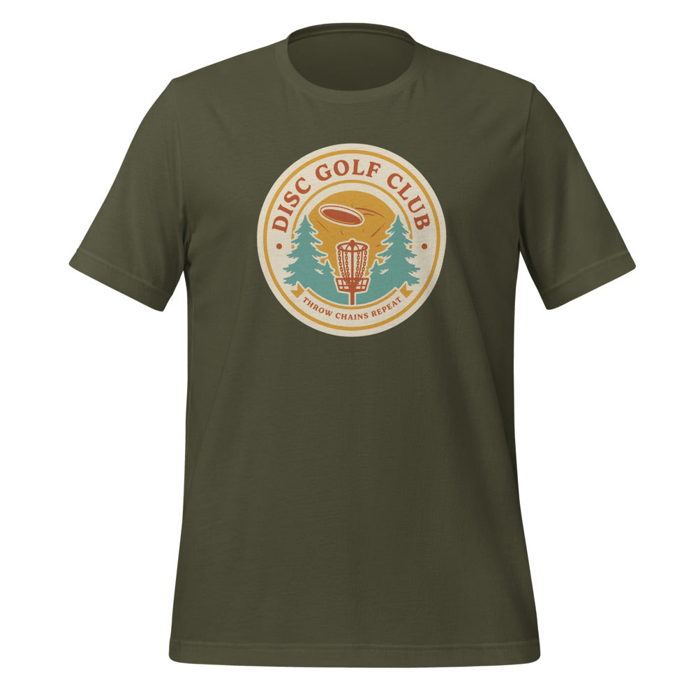 Disc Golf Club retro badge tee — Military Green, front