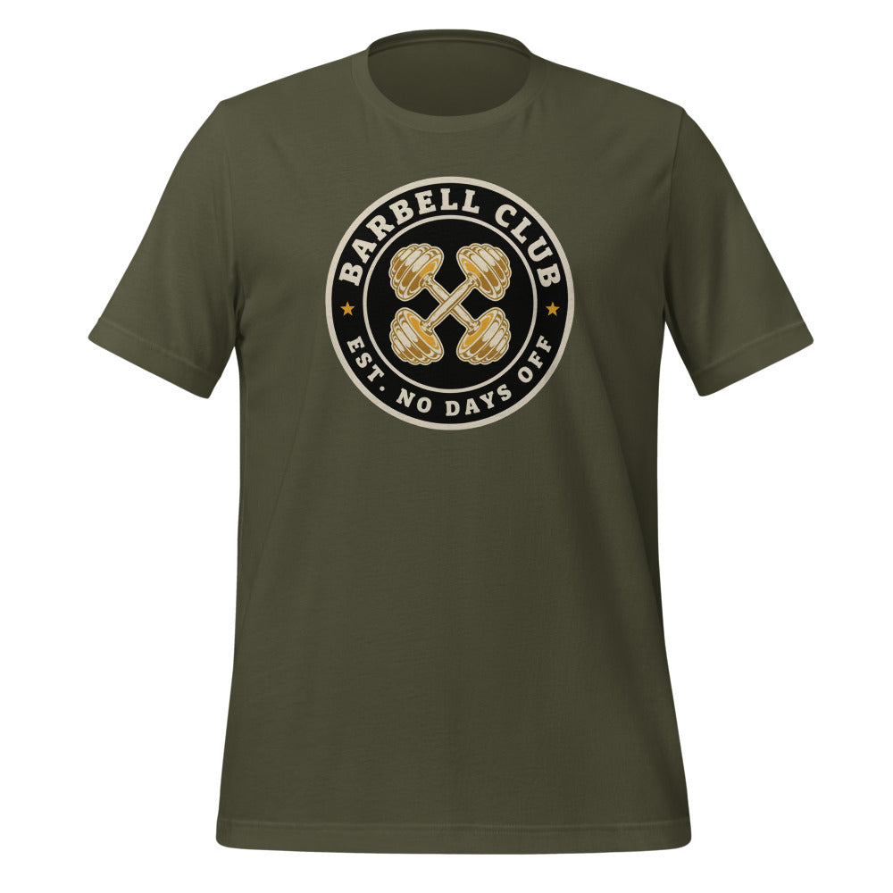 Barbell Club No Days Off vintage gym tee — Military Green, front