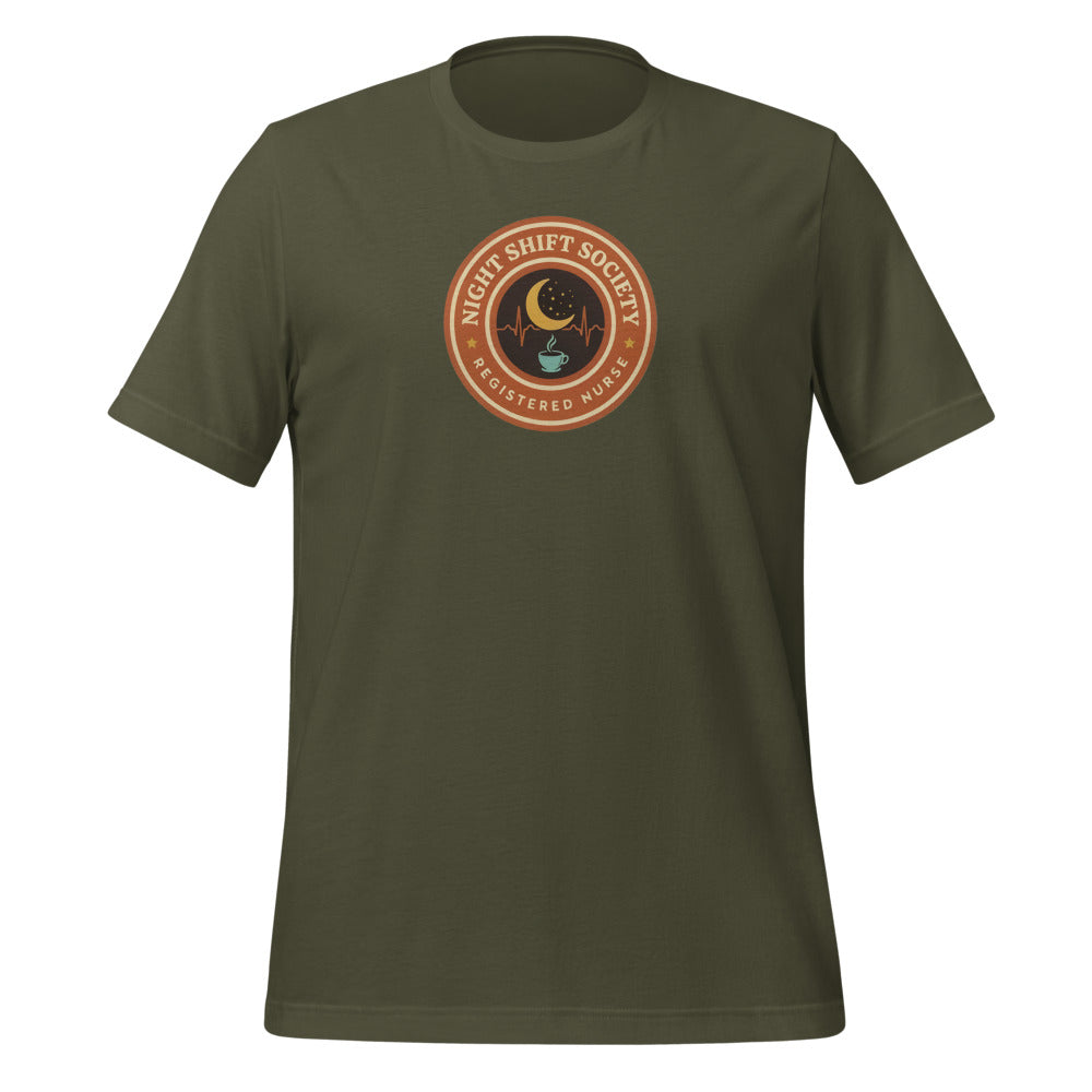 Night Shift Society retro registered nurse badge tee — Military Green, front