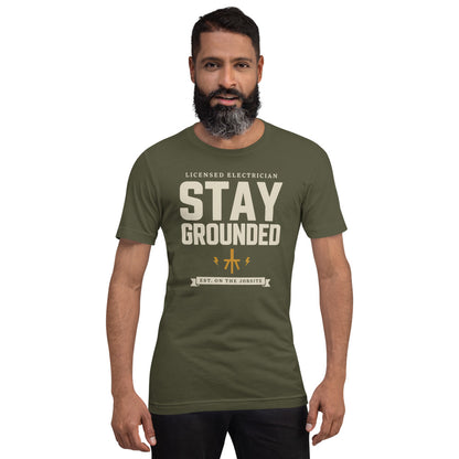 Stay Grounded funny electrician tee — Military Green, on model