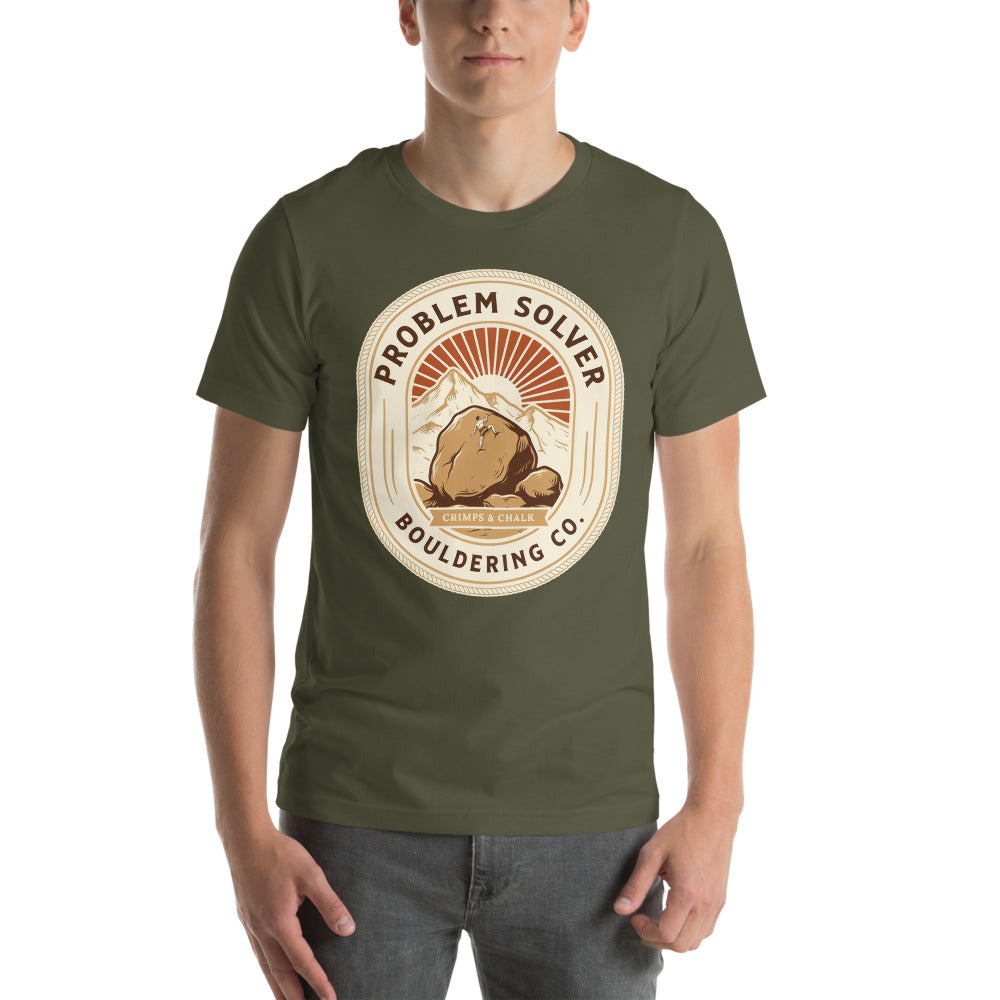 Problem Solver Bouldering Badge t-shirt — Military Green, on model