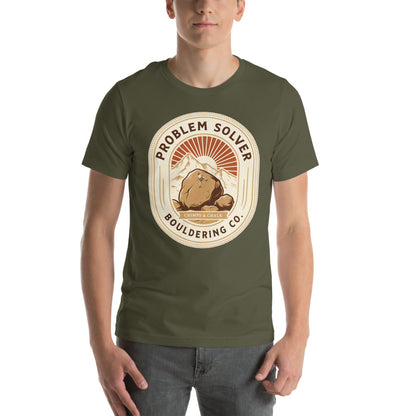 Problem Solver Bouldering Badge t-shirt — Military Green, on model