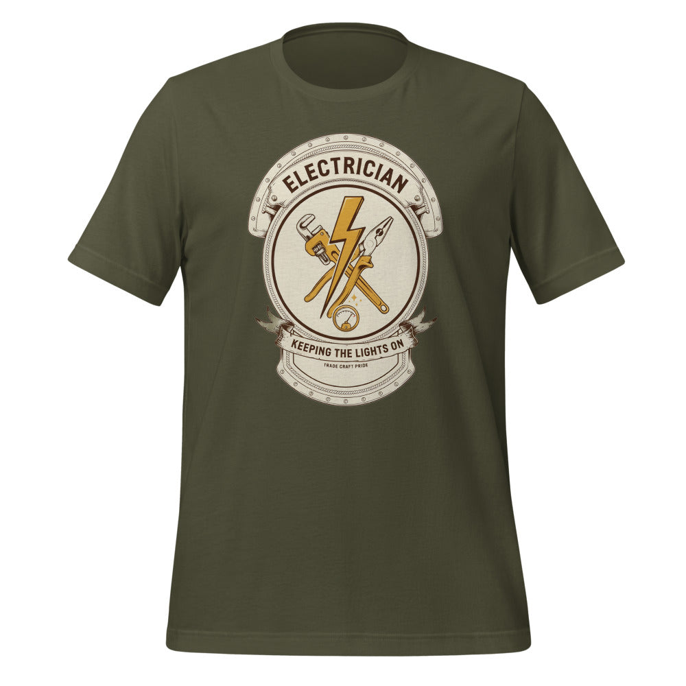 Electrician Journeyman trade crest tee — Military Green, front