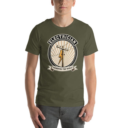Powering The World electrician emblem tee — Military Green, on model