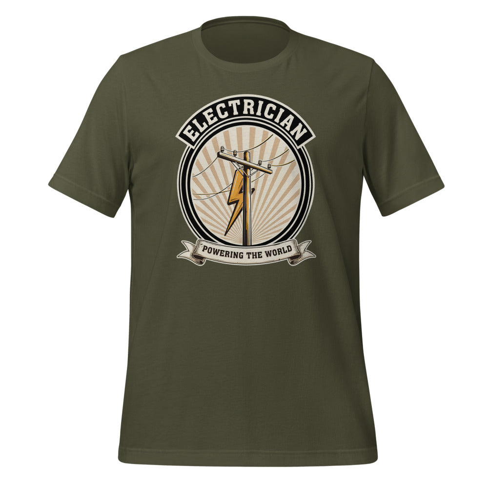 Powering The World electrician emblem tee — Military Green, front