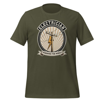 Powering The World electrician emblem tee — Military Green, front