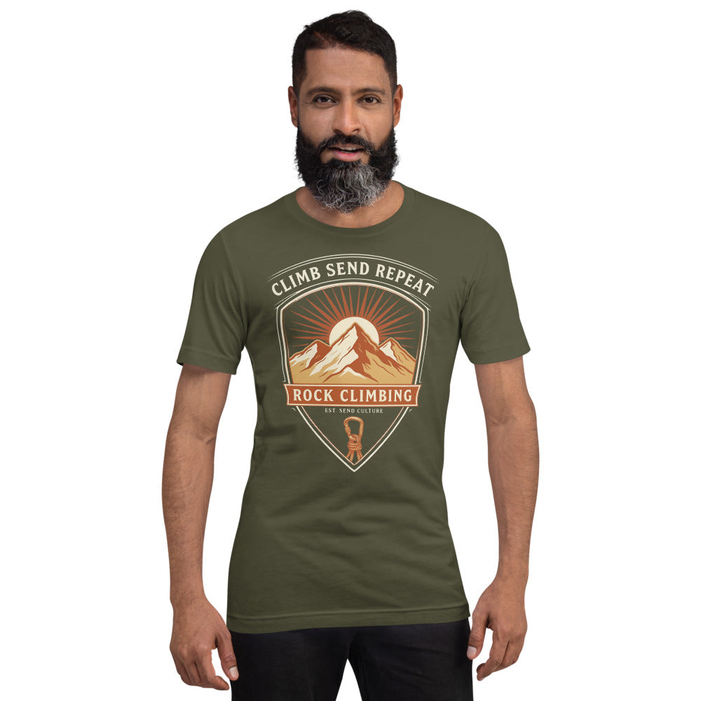 Climb Send Repeat mountaineering crest t-shirt — Military Green, on model
