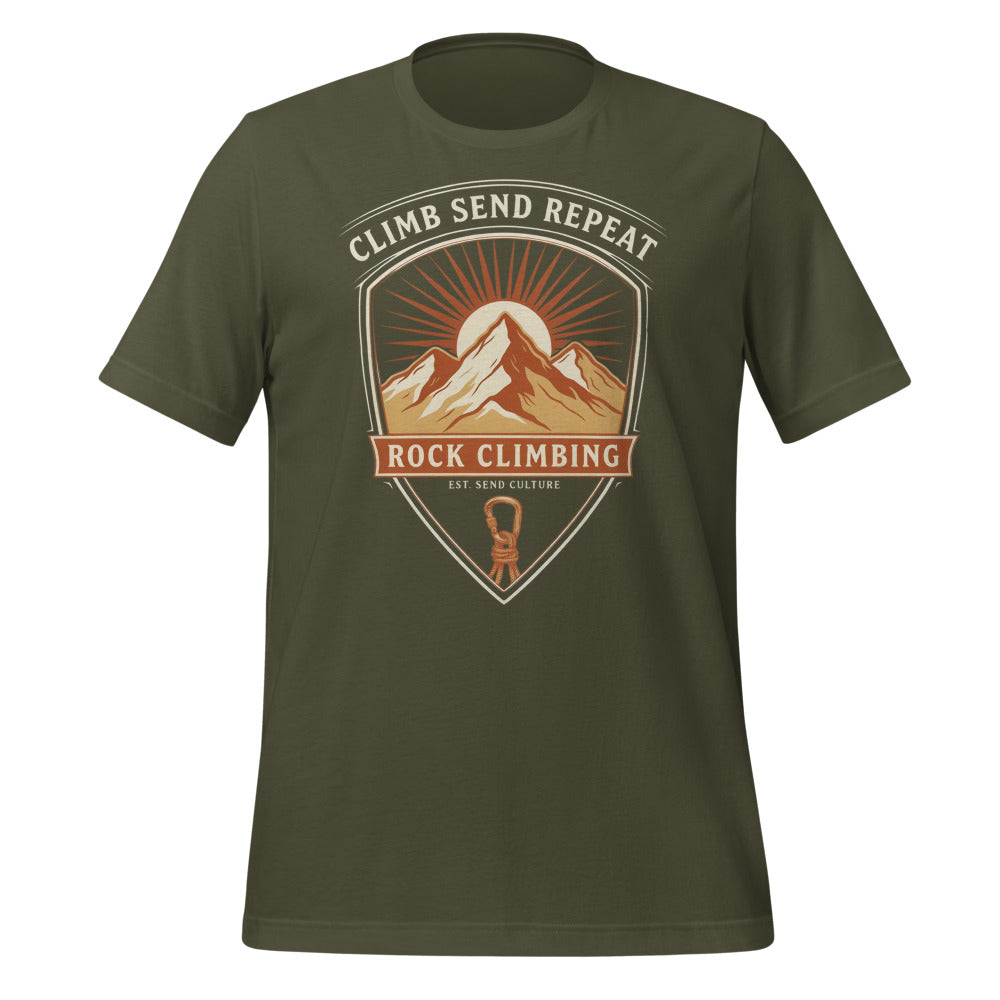 Climb Send Repeat mountaineering crest t-shirt — Military Green, front