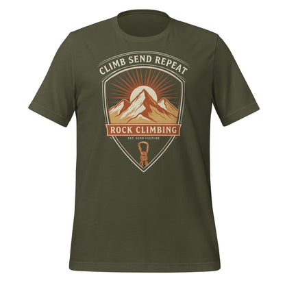 Climb Send Repeat mountaineering crest t-shirt — Military Green, front
