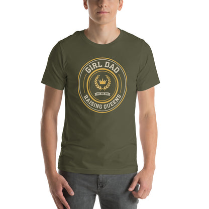 Girl Dad Raising Queens crest tee — Military Green, on model